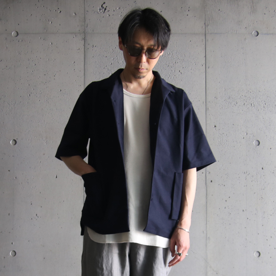 CURLY / CURLY& Co. (カーリー) 231-31041 [ LINEN BLENDED S/S SHIRT ] リネンブレンドオックスインレイ S/S シャツ (NAVY)