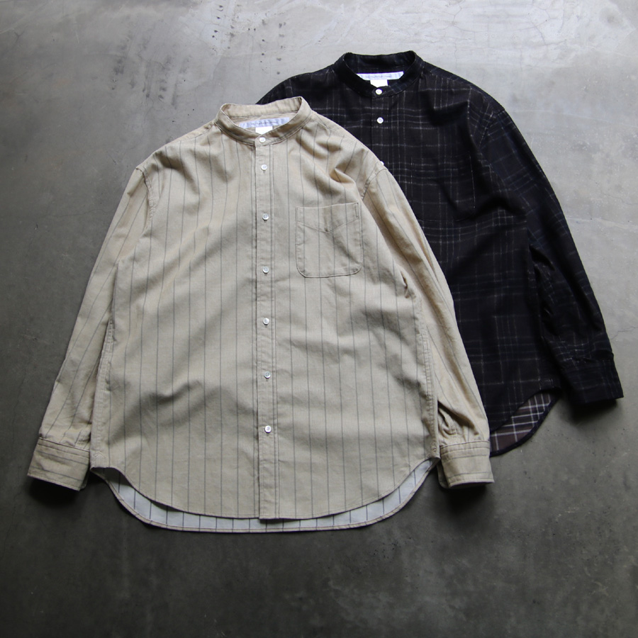 EEL PRODUCTS (イール プロダクツ) E-23465A / E-23465B  [Atelier Shirts / アトリエシャツ] スタンドカラーシャツ (BLACK CHECK)  (BEIGE STRIPE)