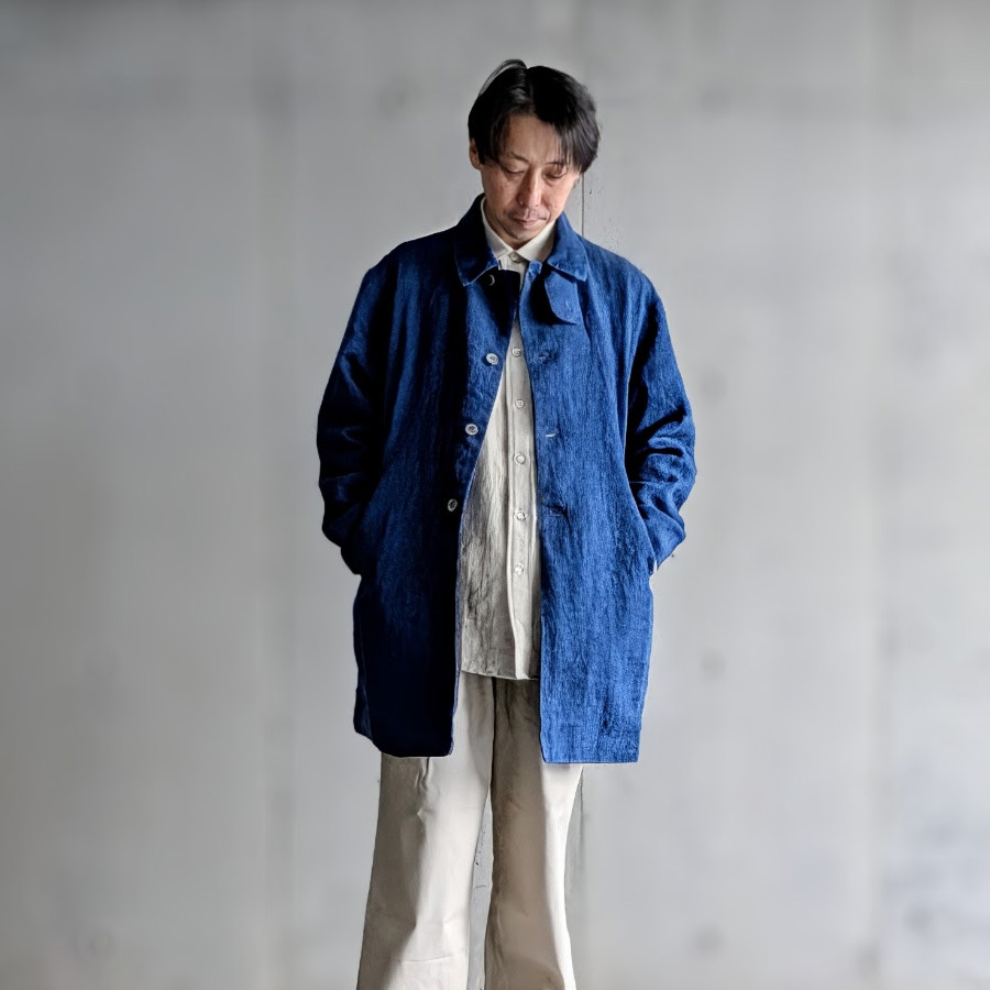 EEL PRODUCTS (イール プロダクツ) E-26105 [SAKURA COAT ai wo comete(サクラコート 藍を込めて）] リネン本藍染め スプリングコート (INDIGO)