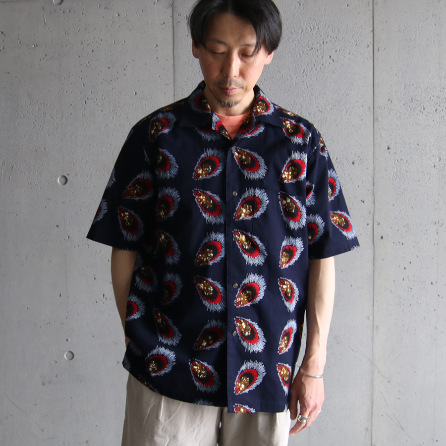 Kanga (カンガ) SHORT SLEEVE SHIRT / KA017 / アフリカンバティック S/S オープンカラー シャツ (NAVY)