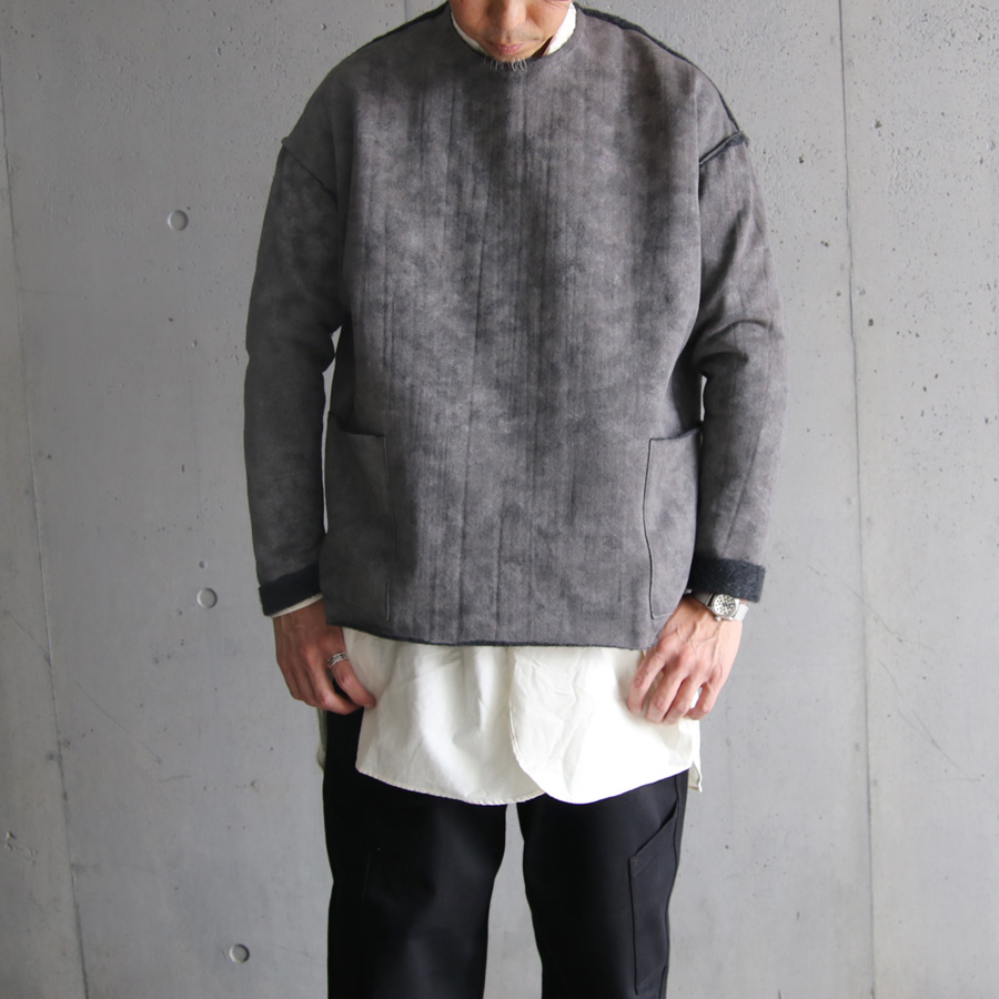 KLASICA (クラシカ) [ASLEEP] GRAINY PRINT BACK SIDE FLEECE SIDE POCKET LOOSE P/O   / リラックスフィット ポケット付き フリースニットプルオーバー (GREIGE)