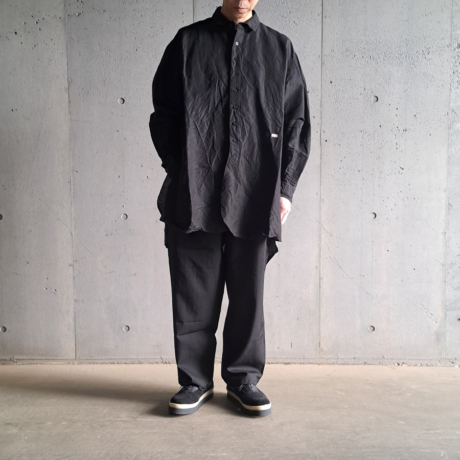 KLASICA (クラシカ) [SH-039 HD] OVER SIZED SHORT COLLAR SHIRTS / ヴィンテージ フェイス ドレスうクロス ラミー コットン オーバーサイズ ロングシャツ (BLACK)