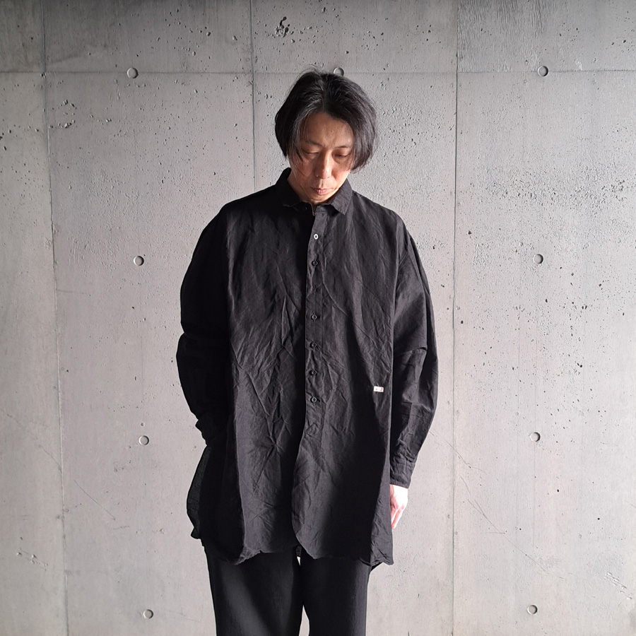 KLASICA (クラシカ) [SH-039 HD] OVER SIZED SHORT COLLAR SHIRTS / ヴィンテージ フェイス ドレスうクロス ラミー コットン オーバーサイズ ロングシャツ (BLACK)