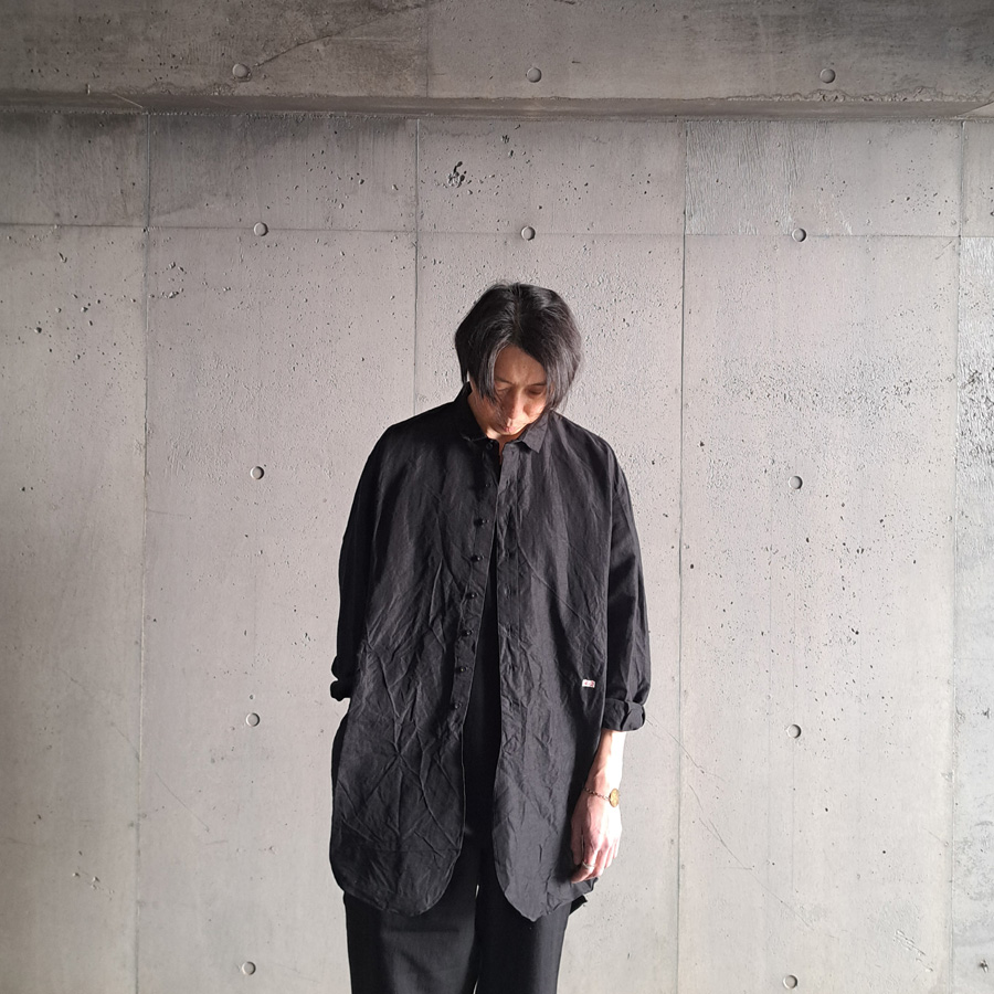 KLASICA (クラシカ) [SH-039 HD] OVER SIZED SHORT COLLAR SHIRTS / ヴィンテージ フェイス ドレスうクロス ラミー コットン オーバーサイズ ロングシャツ (BLACK)
