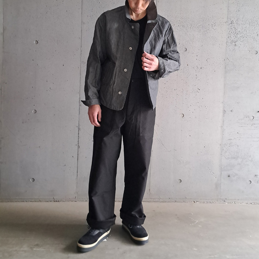 KLASICA (クラシカ) [ SOLO WOOD 9.7 ] 9.7oz COTTON x LINEN GRAY CHAMBRAY LOOSE FIT SHORT COVER ALL  / コットン×リネングレーシャンブレー ルーズフィット ショート カバーオール (GRAY DENIM) 
