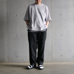 CURLY / CURLY& Co. (カーリー) 251-110413 [ CRAPE DOUBLE-KNIT TEE Q/S ] 楊柳ダンボールニット クルーネックプルオーバーニットTEE (SAGE) (CHARCOAL)