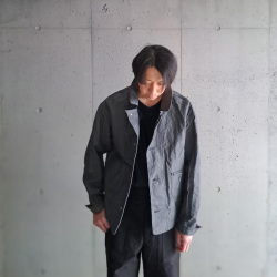 KLASICA (クラシカ) [ SOLO WOOD 9.7 ] 9.7oz COTTON x LINEN GRAY CHAMBRAY LOOSE FIT SHORT COVER ALL  / コットン×リネングレーシャンブレー ルーズフィット ショート カバーオール (GRAY DENIM) 

