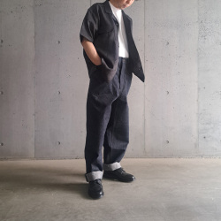 NIGEL  CABOURN (ナイジェルケーボン)  [MAINE LINE] 80500011005 [OPEN COLLAR SHIRT - LINEN TWILL] オープンカラーシャツ - リネンツイル S/S シャツ (CHARCOAL)