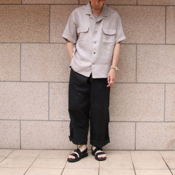 NIGEL  CABOURN (ナイジェルケーボン)  [MAINE LINE] 80460011005 [OPEN COLLAR SHIRT - LINEN TWILL] オープンカラーシャツ - リネンツイル S/S シャツ (GRAY)