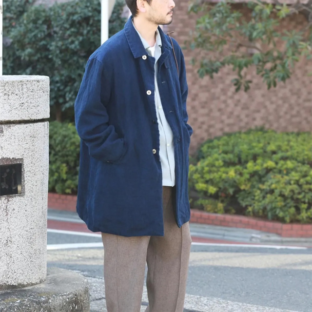 EEL PRODUCTS (イール プロダクツ) E-26105FSV [SAKURA COAT ai wo comete Flag Ship Ver. (サクラコート 藍を込めて -直営店舗カラー）] リネン本藍染め スプリングコート (DARK INDIGO)