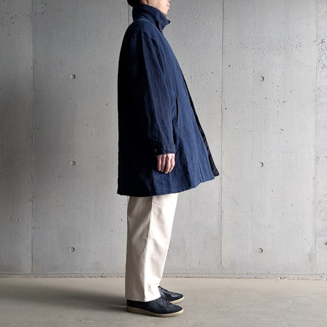 EEL PRODUCTS (イール プロダクツ) E-26105FSV [SAKURA COAT ai wo comete Flag Ship Ver. (サクラコート 藍を込めて -直営店舗カラー）] リネン本藍染め スプリングコート (DARK INDIGO)