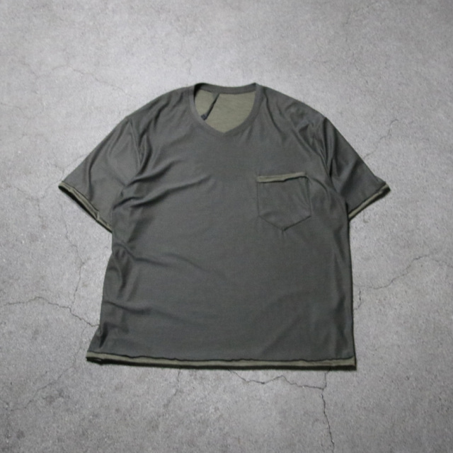 KLASICA (クラシカ)[PAPER V] WASHABLE BREATHABLE REBIRTH JERSEY V NECK SQUARE POCKET TEE / ウール　Vネック　ポケット Tシャツ (MOSS) (BLACK)