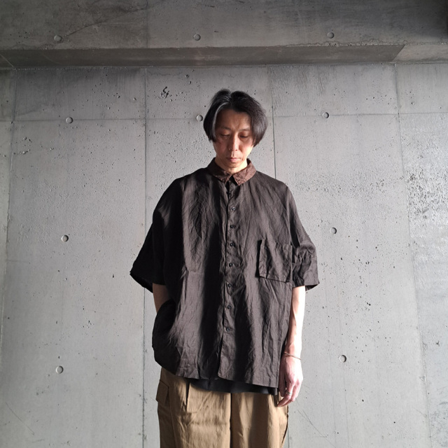 KLASICA (クラシカ) [SH-047] EXTRA DROPPED 1/2 SLEEVE SHIRTS / BENGARA & SUMI COATED LINEN (BENGARA)
/ エクストラ ドロップド 1/2 スリーブ シャツ
