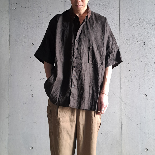 KLASICA (クラシカ) [SH-047(BG)] EXTRA DROPPED 1/2 SLEEVE SHIRTS / BENGARA & SUMI COATED LINEN (BENGARA)
/ エクストラ ドロップド 1/2 スリーブ シャツ