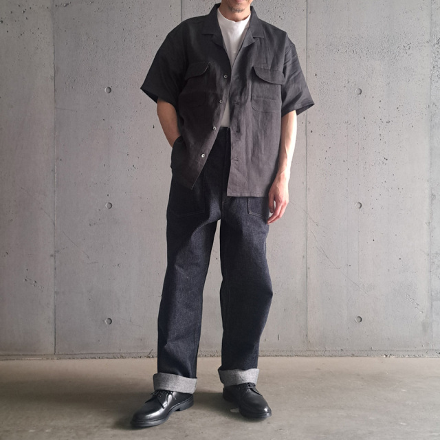 NIGEL  CABOURN (ナイジェルケーボン)  [MAINE LINE] 80500011005 [OPEN COLLAR SHIRT - LINEN TWILL] オープンカラーシャツ - リネンツイル S/S シャツ (CHARCOAL)