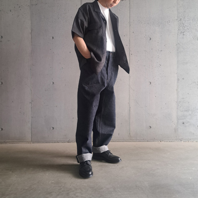 NIGEL  CABOURN (ナイジェルケーボン)  [MAINE LINE] 80500011005 [OPEN COLLAR SHIRT - LINEN TWILL] オープンカラーシャツ - リネンツイル S/S シャツ (CHARCOAL)