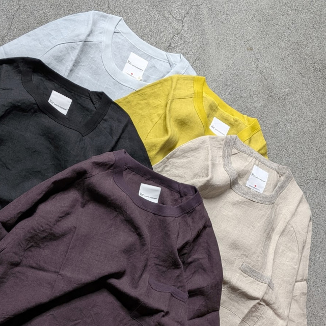 Re made in tokyo japan (アールイーメイドイントウキョウジャパン)  No7919S-CT [ French Linen T-shirt ] フレンチリネン ポケTEE (ECRU)(BLACK)(SAX)(YELLOW) (BURGUNDY) 