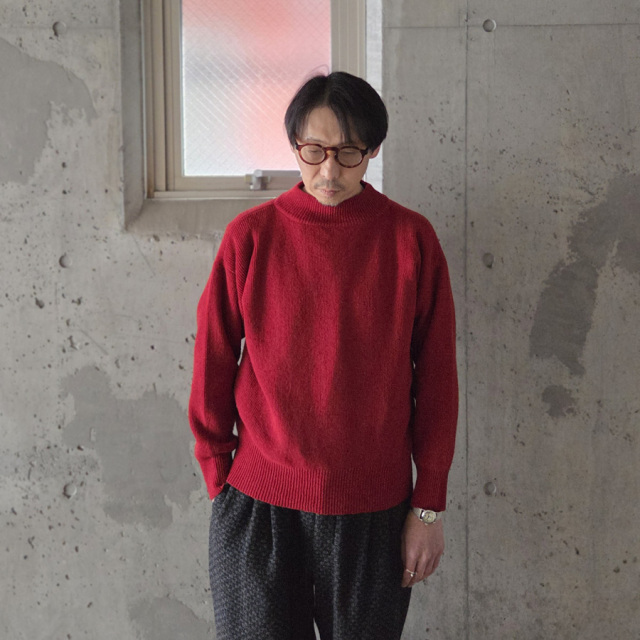 slopeslow (スロープスロー) 1253009-252SLP [ Hard twisted Shetlandwool GOB SWEATER ] モックネック セーター (RED)(KHAKI MIX)(BLACK)