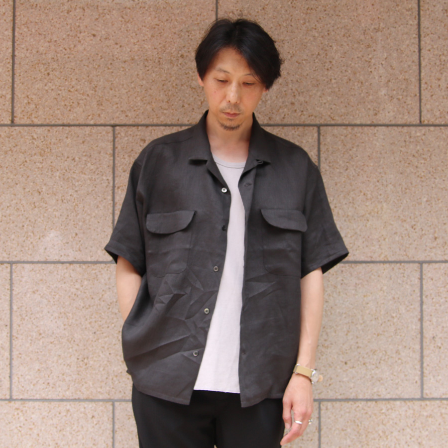 NIGEL  CABOURN (ナイジェルケーボン)  [MAINE LINE] 80460011005 [OPEN COLLAR SHIRT - LINEN TWILL] オープンカラーシャツ - リネンツイル S/S シャツ (CHARCOAL)