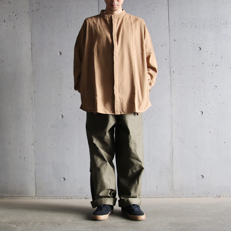 SEEALL (シーオール) [ OVERSIZED BAND COLLAR SHIRTS ] オーバーサイズ バンドカラーシャツ (TABACCO)