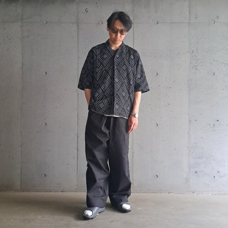 SEEALL (シーオール) [ S/S SHIRTS ]  S/S 比翼 オープンカラーシャツ (BLACK/BLOCK PRINT)