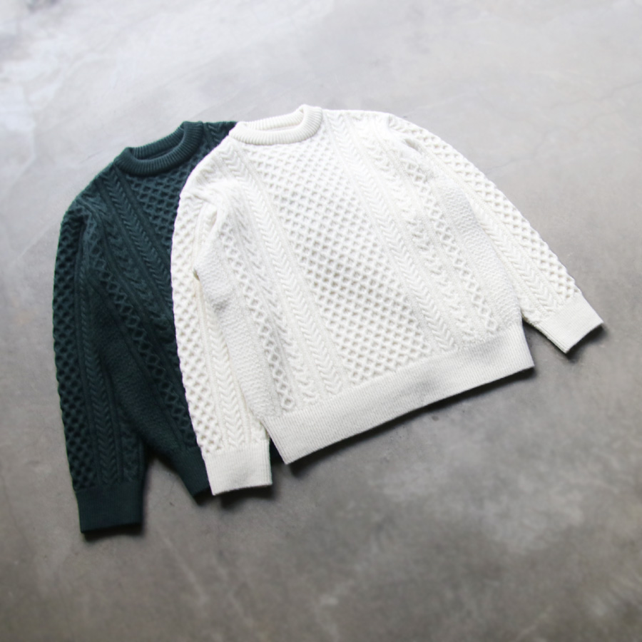 YONETOMI NEW BAISC (ヨネトミ ニューベーシック) 95-224-021 [REBORN WOOL ARAN KNIT PULLOVER] ウールニット アランセーター (GREEN)